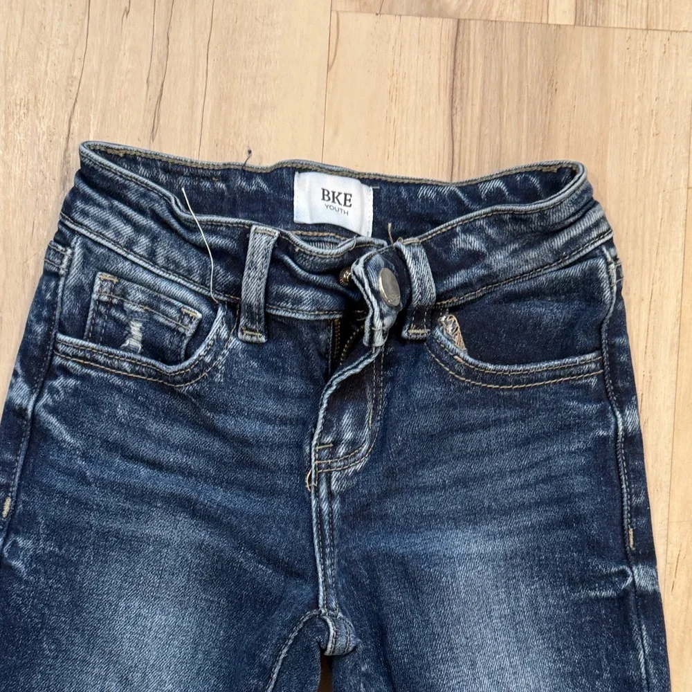 BKE Girls-Dark Wash Flare Jeans with Knee Rips